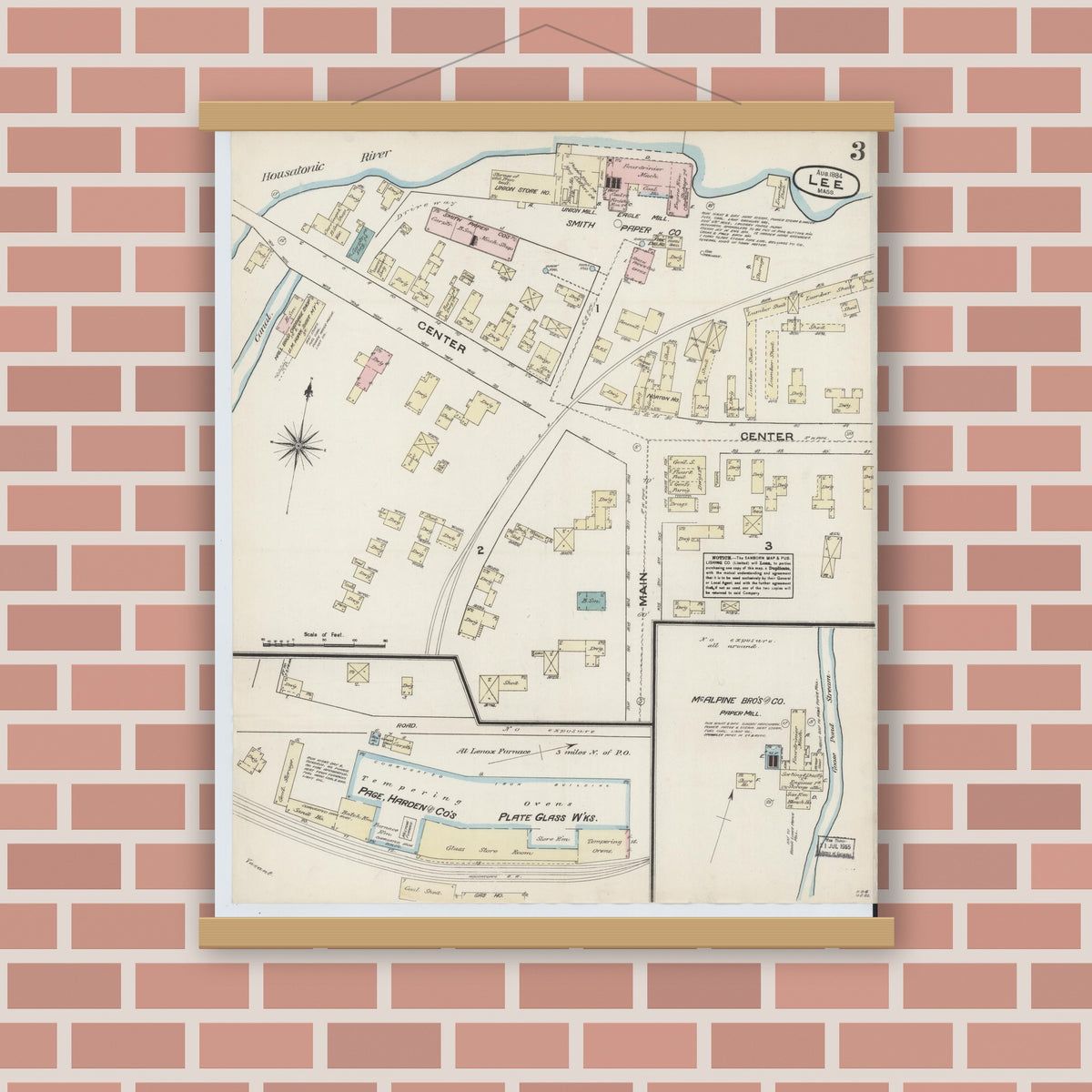 Old map wall art mockup — magnetic wood frame on brick wall — Sanborn Fire Insurance Map from Lee, Berkshire County, Massachusetts (1884), Sheet #0003