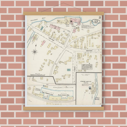 Old map wall art mockup — magnetic wood frame on brick wall — Sanborn Fire Insurance Map from Lee, Berkshire County, Massachusetts (1884), Sheet #0003