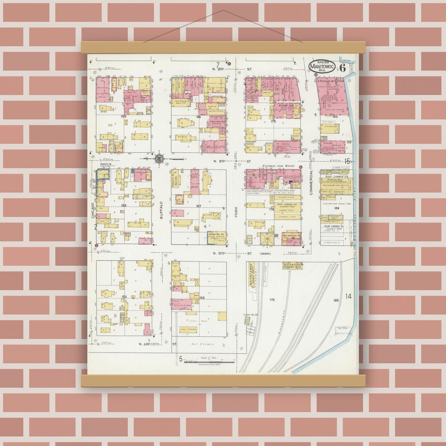 Old map wall art mockup — magnetic wood frame on brick wall — Sanborn Fire Insurance Map from Manitowoc, Manitowoc County, Wisconsin (1919), Sheet #0006