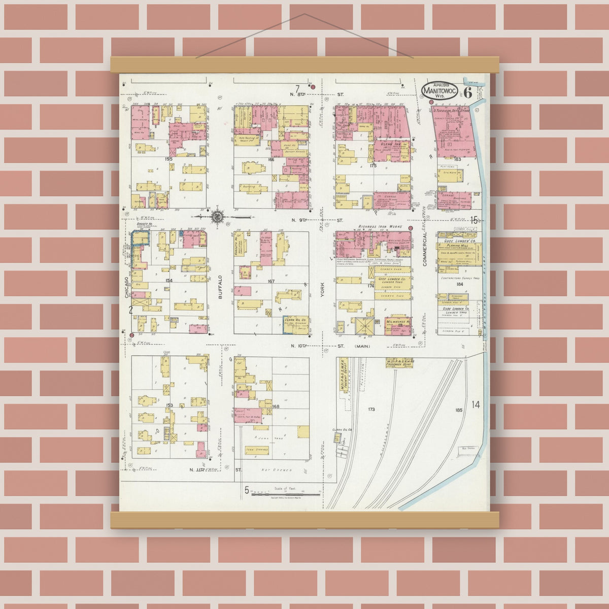 Old map wall art mockup — magnetic wood frame on brick wall — Sanborn Fire Insurance Map from Manitowoc, Manitowoc County, Wisconsin (1919), Sheet #0006