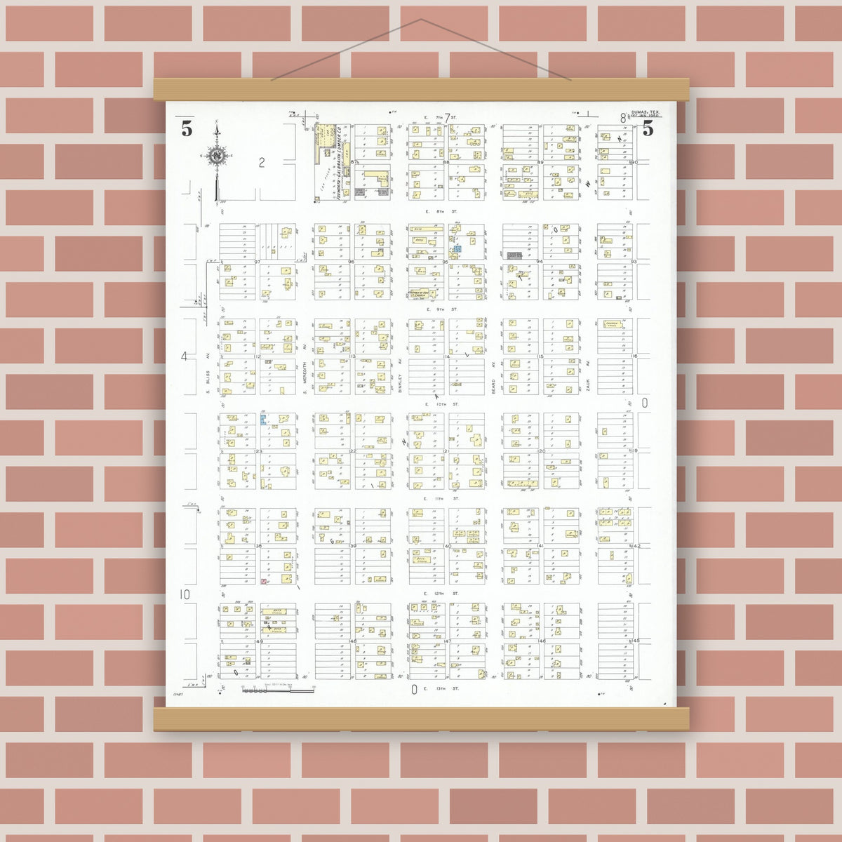 Old map wall art mockup — magnetic wood frame on brick wall — Sanborn Fire Insurance Map from Dumas, Moore County, Texas (1950), Sheet #0005