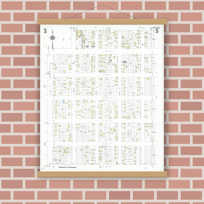 Old map wall art mockup — magnetic wood frame on brick wall — Sanborn Fire Insurance Map from Dumas, Moore County, Texas (1950), Sheet #0005