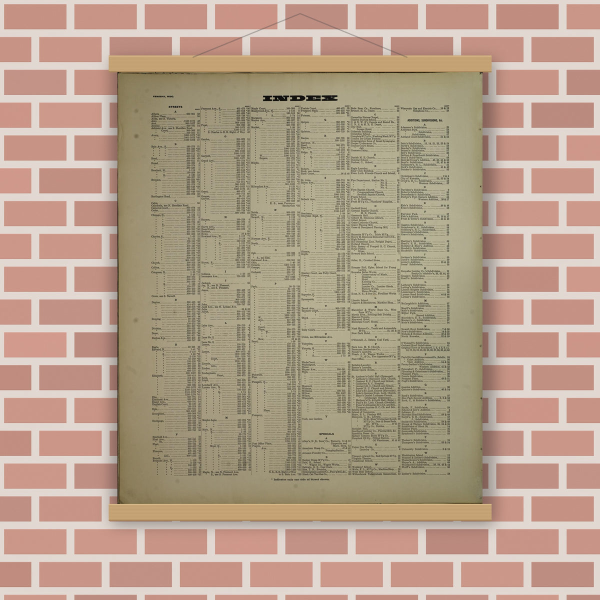 Old map wall art mockup — magnetic wood frame on brick wall — Sanborn Fire Insurance Map from Kenosha, Kenosha County, Wisconsin. (1918), Sheet 2