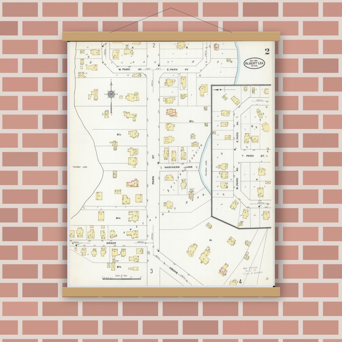 Old map wall art mockup — magnetic wood frame on brick wall — Sanborn Fire Insurance Map from Albert Lea, Freeborn County, Minnesota (1910), Sheet #0002