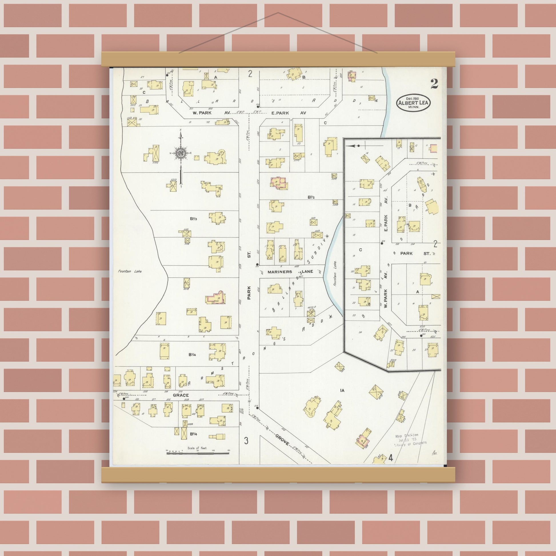 Old map wall art mockup — magnetic wood frame on brick wall — Sanborn Fire Insurance Map from Albert Lea, Freeborn County, Minnesota (1910), Sheet #0002