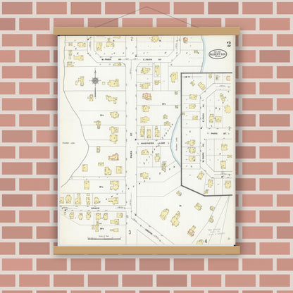 Old map wall art mockup — magnetic wood frame on brick wall — Sanborn Fire Insurance Map from Albert Lea, Freeborn County, Minnesota (1910), Sheet #0002