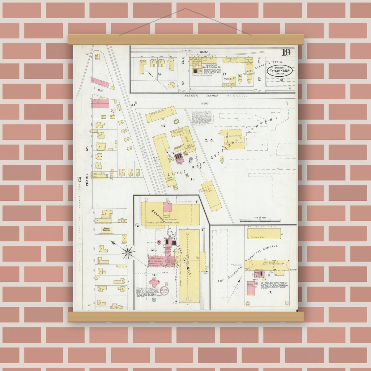 Old map wall art mockup — magnetic wood frame on brick wall — Sanborn Fire Insurance Map from Texarkana, Bowie County, Texas (1900), Sheet #0019