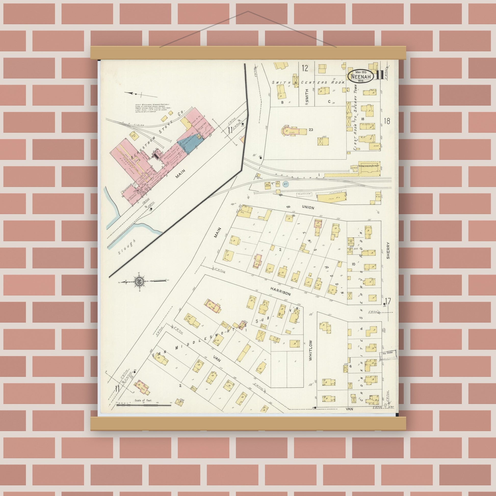 Old map wall art mockup — magnetic wood frame on brick wall — Sanborn Fire Insurance Map from Neenah, Winnebago County, Wisconsin (1913), Sheet #0011