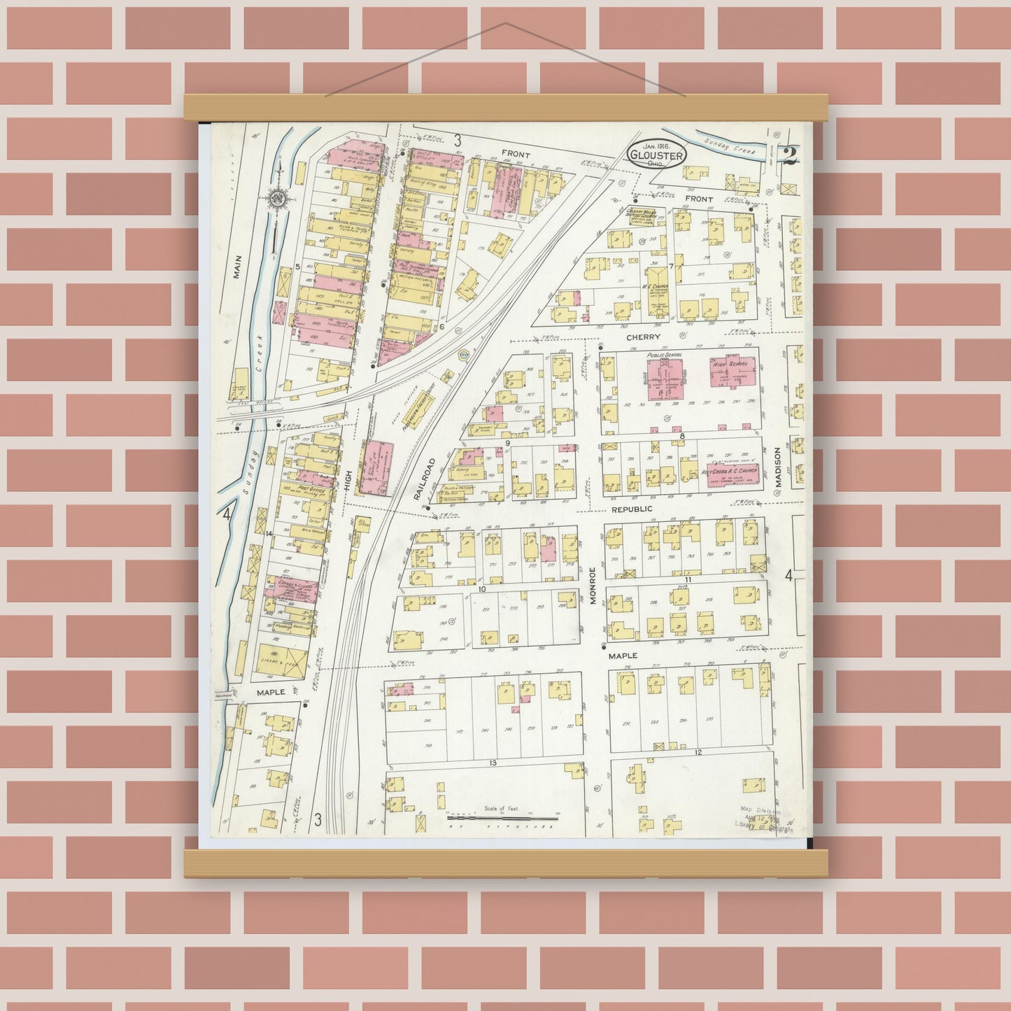 Old map wall art mockup — magnetic wood frame on brick wall — Sanborn Fire Insurance Map from Glouster, Athens County, Ohio (1912), Sheet #0002