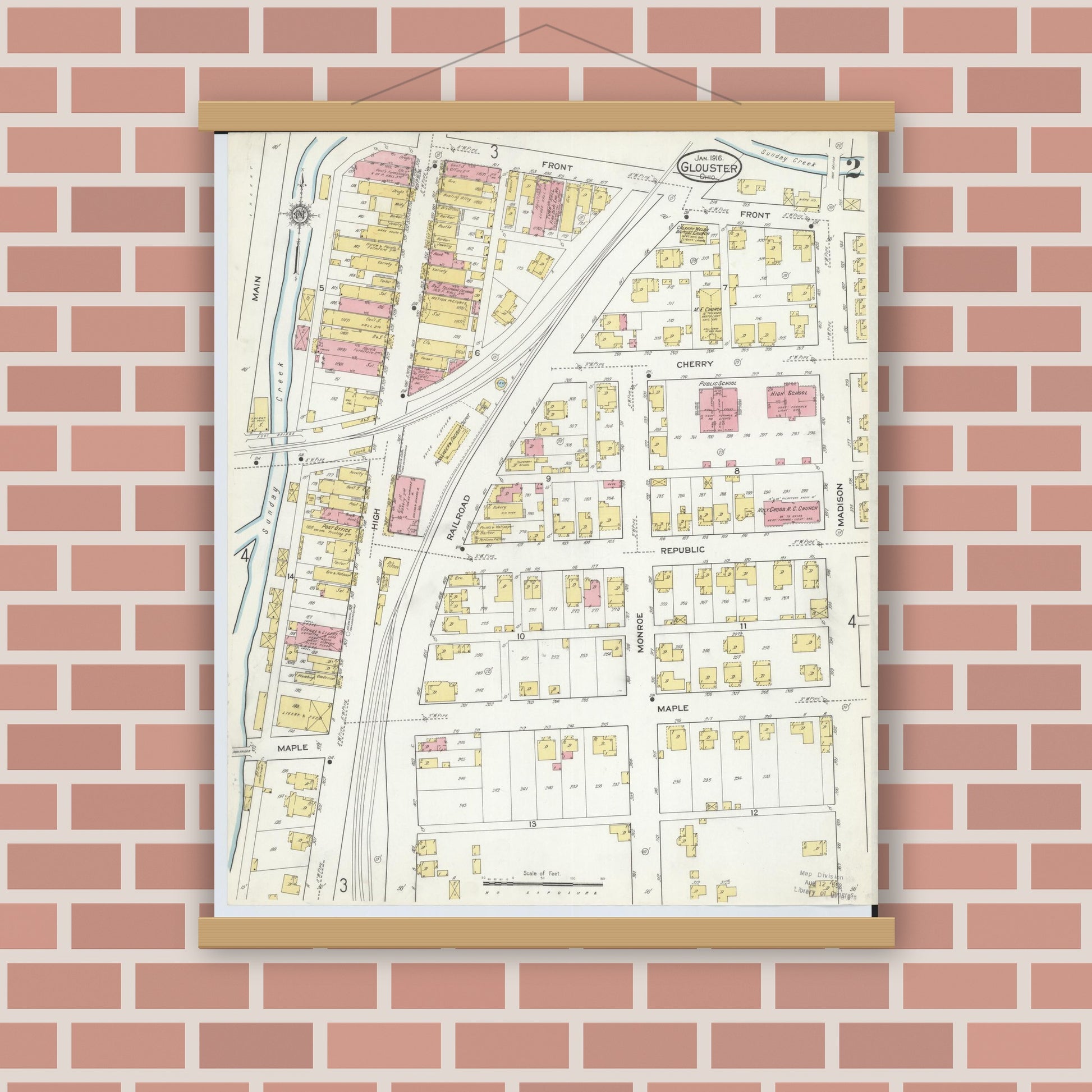 Old map wall art mockup — magnetic wood frame on brick wall — Sanborn Fire Insurance Map from Glouster, Athens County, Ohio (1912), Sheet #0002