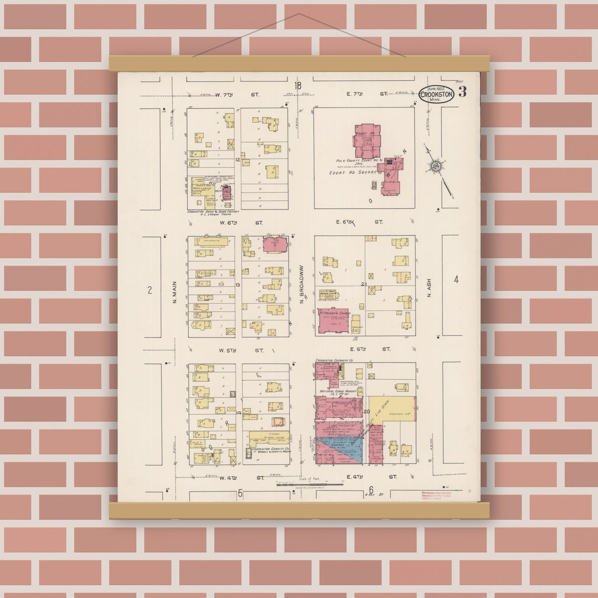 Old map wall art mockup — magnetic wood frame on brick wall — Sanborn Fire Insurance Map from Crookston, Polk County, Minnesota (1922), Sheet #0003