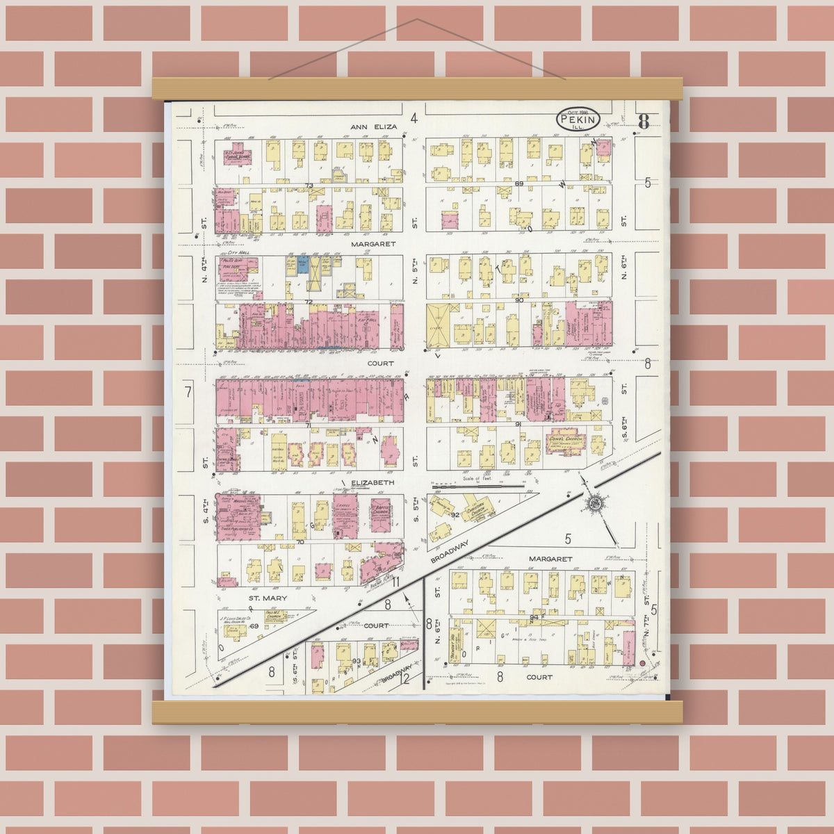 Old map wall art mockup — magnetic wood frame on brick wall — Sanborn Fire Insurance Map from Pekin, Tazewell County, Illinois (1916), Sheet #0008