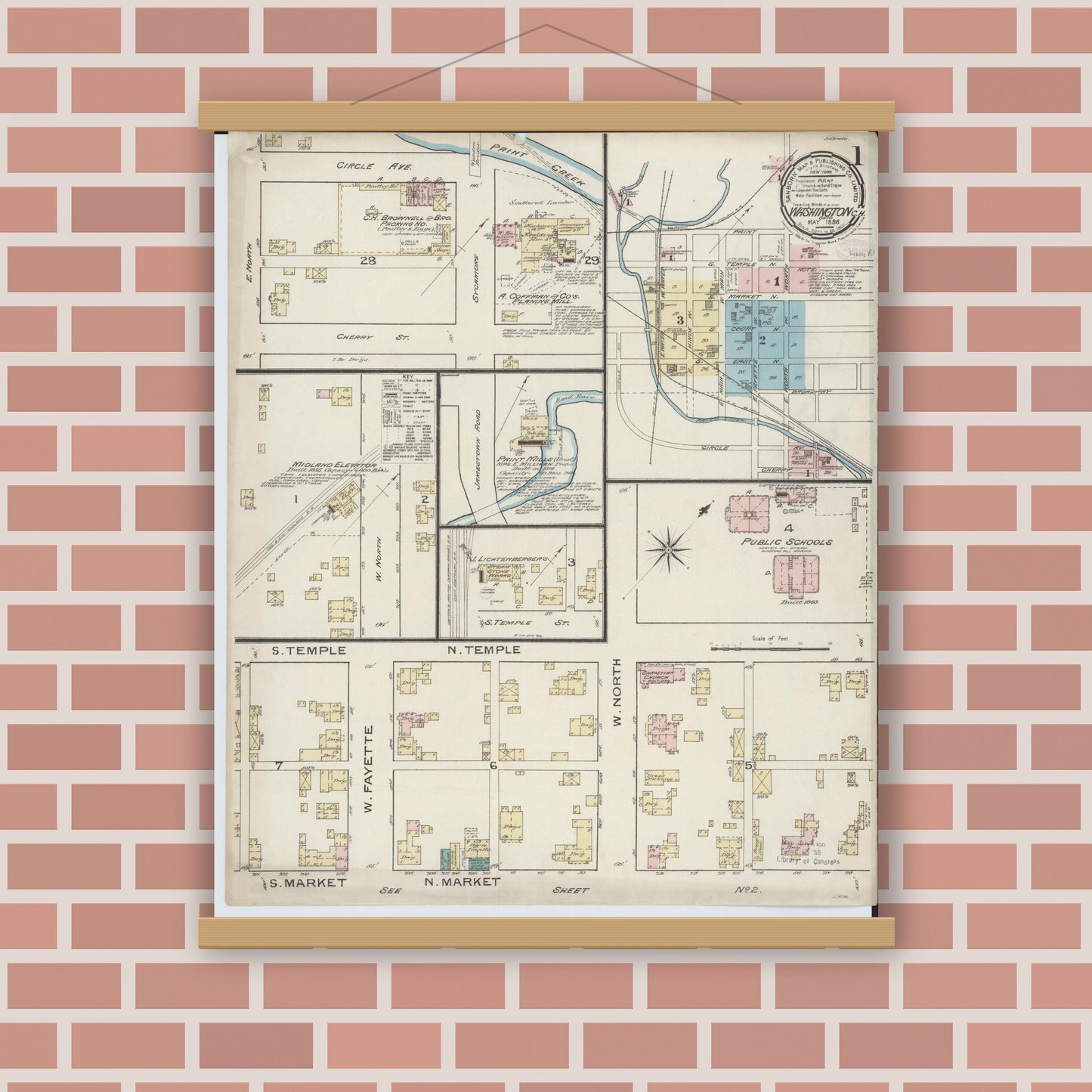 Old map wall art mockup — magnetic wood frame on brick wall — Sanborn Fire Insurance Map from Washington Court House, Fayette County, Ohio (1886), Sheet #0001