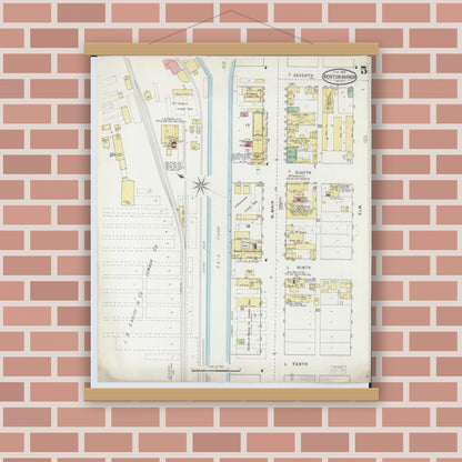Old map wall art mockup — magnetic wood frame on brick wall — Sanborn Fire Insurance Map from Benton Harbor, Berrien County, Michigan (1895), Sheet #0005