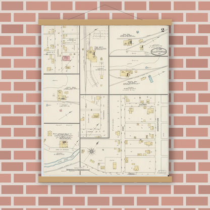 Old map wall art mockup — magnetic wood frame on brick wall — Sanborn Fire Insurance Map from Ellettsville, Monroe County, Indiana (1895), Sheet #0002