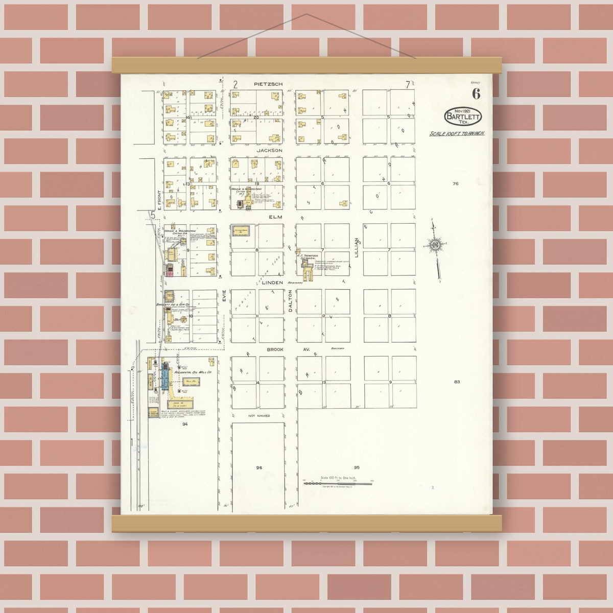 Old map wall art mockup — magnetic wood frame on brick wall — Sanborn Fire Insurance Map from Bartlett, Bell and Williamson Counties, Texas (1921), Sheet #0006