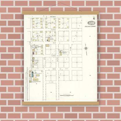 Old map wall art mockup — magnetic wood frame on brick wall — Sanborn Fire Insurance Map from Bartlett, Bell and Williamson Counties, Texas (1921), Sheet #0006
