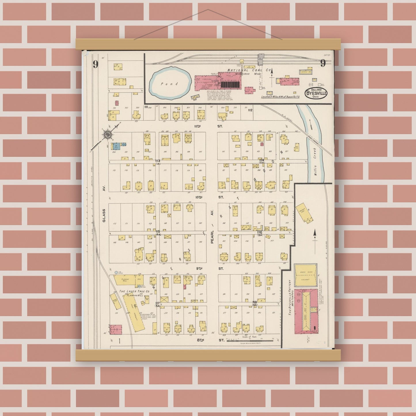 Old map wall art mockup — magnetic wood frame on brick wall — Sanborn Fire Insurance Map from Byesville, Guernsey County, Ohio (1922), Sheet #0009