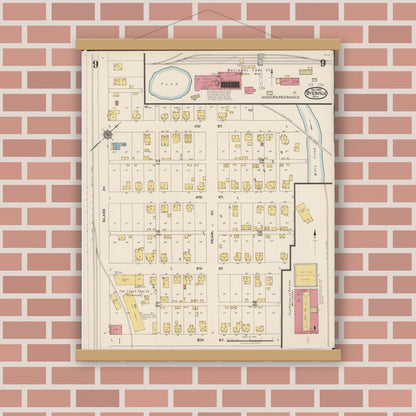 Old map wall art mockup — magnetic wood frame on brick wall — Sanborn Fire Insurance Map from Byesville, Guernsey County, Ohio (1922), Sheet #0009