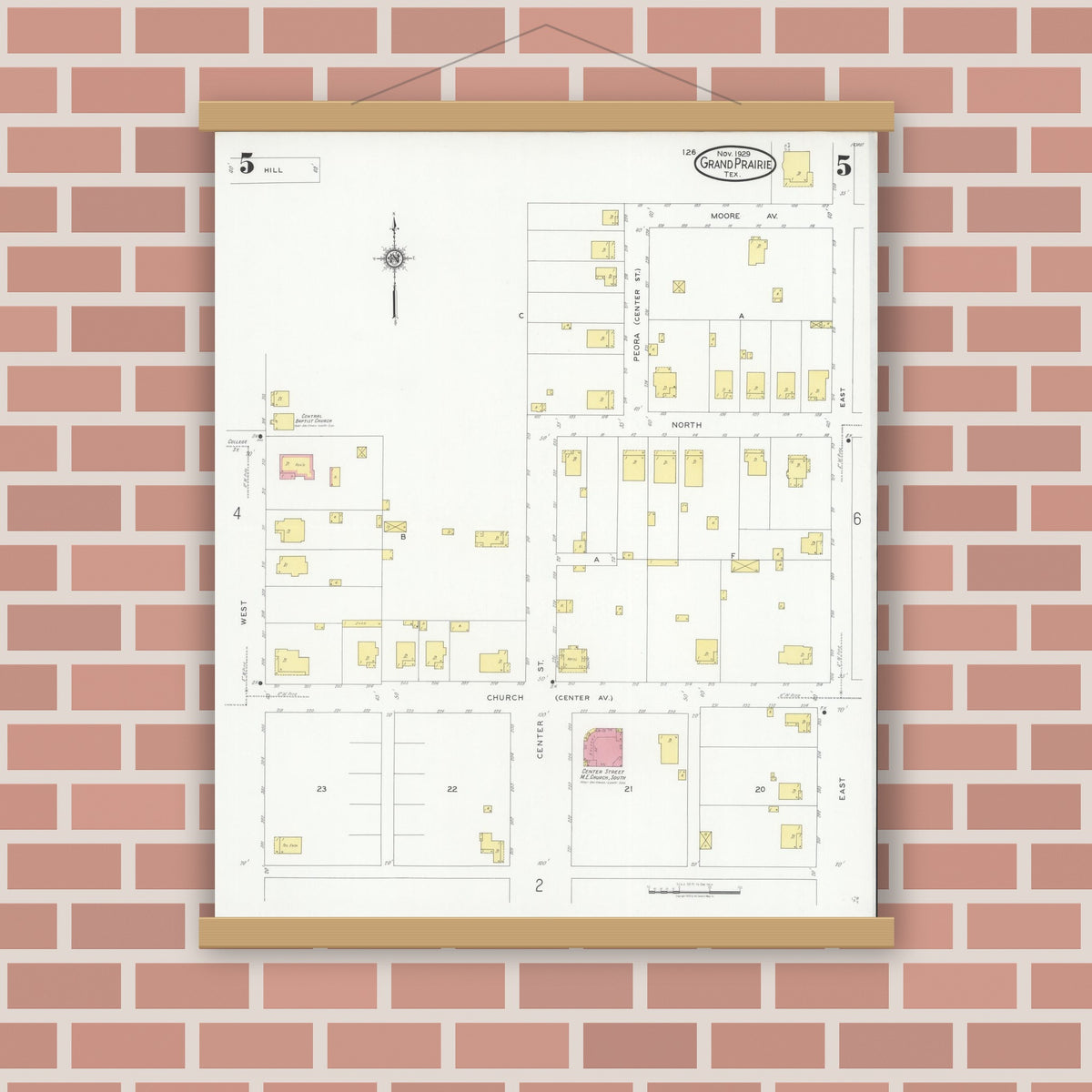 Old map wall art mockup — magnetic wood frame on brick wall — Sanborn Fire Insurance Map from Grand Prairie, Dallas County, Texas (1929), Sheet #0005