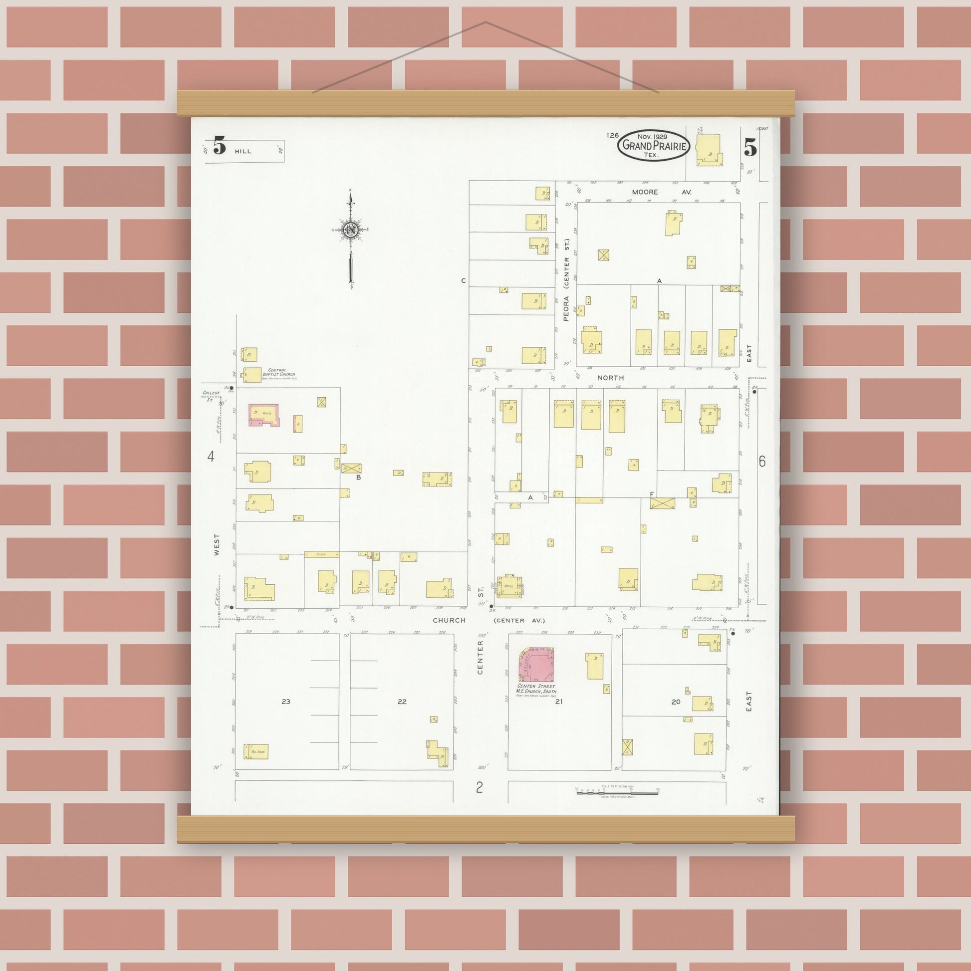 Old map wall art mockup — magnetic wood frame on brick wall — Sanborn Fire Insurance Map from Grand Prairie, Dallas County, Texas (1929), Sheet #0005