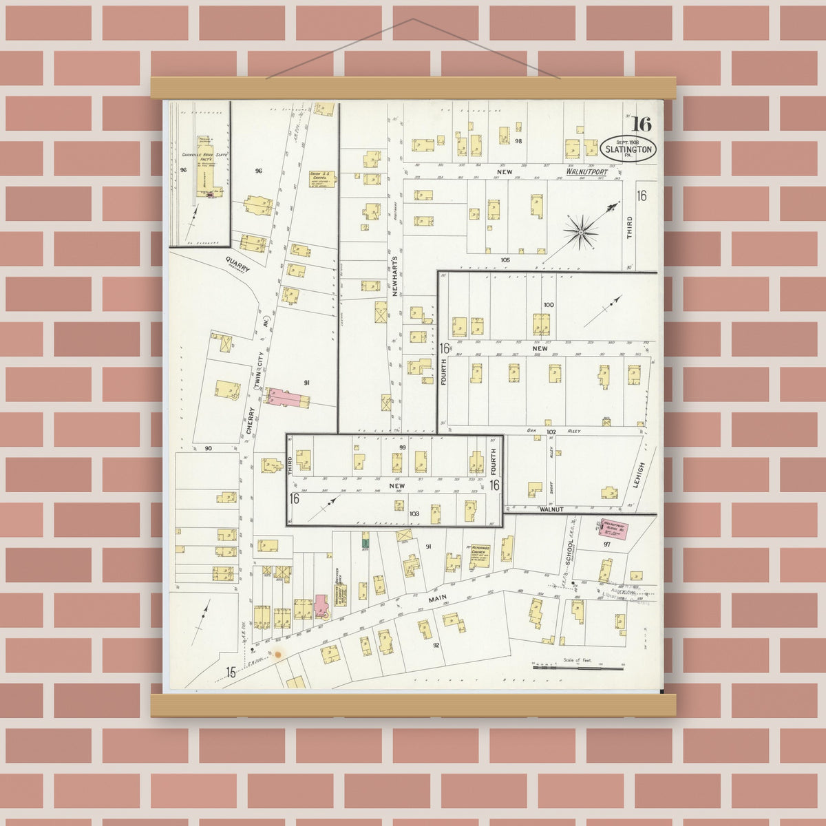 Old map wall art mockup — magnetic wood frame on brick wall — Sanborn Fire Insurance Map from Slatington, Lehigh County, Pennsylvania (1908), Sheet #0016