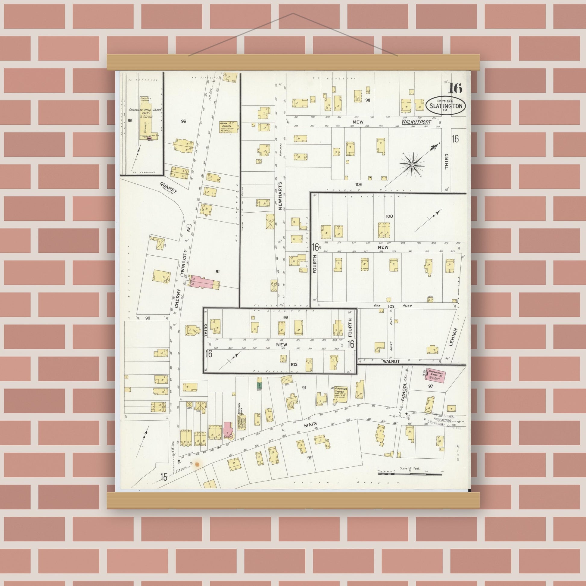Old map wall art mockup — magnetic wood frame on brick wall — Sanborn Fire Insurance Map from Slatington, Lehigh County, Pennsylvania (1908), Sheet #0016