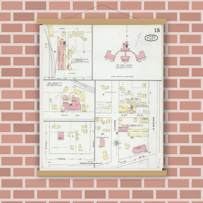 Old map wall art mockup — magnetic wood frame on brick wall — Sanborn Fire Insurance Map from Flint, Genesee County, Michigan (1892), Sheet #0015