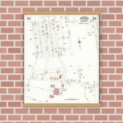 Old map wall art mockup — magnetic wood frame on brick wall — Sanborn Fire Insurance Map from Stroudsburg, Monroe County, Pennsylvania (1923), Sheet #0034