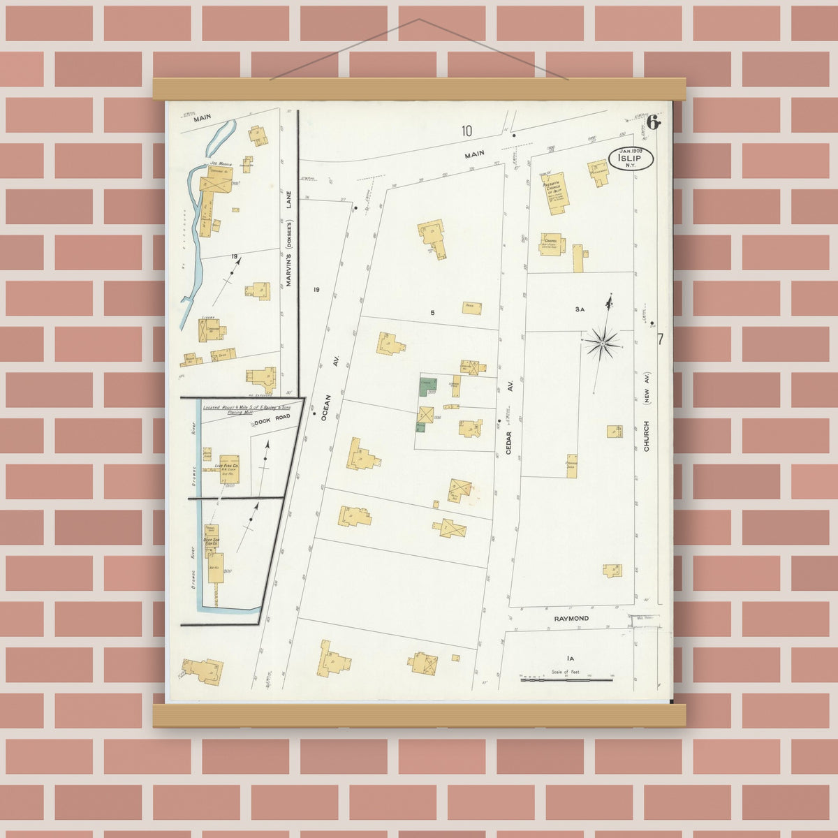 Old map wall art mockup — magnetic wood frame on brick wall — Sanborn Fire Insurance Map from Islip, Suffolk County, New York (1909), Sheet #0006