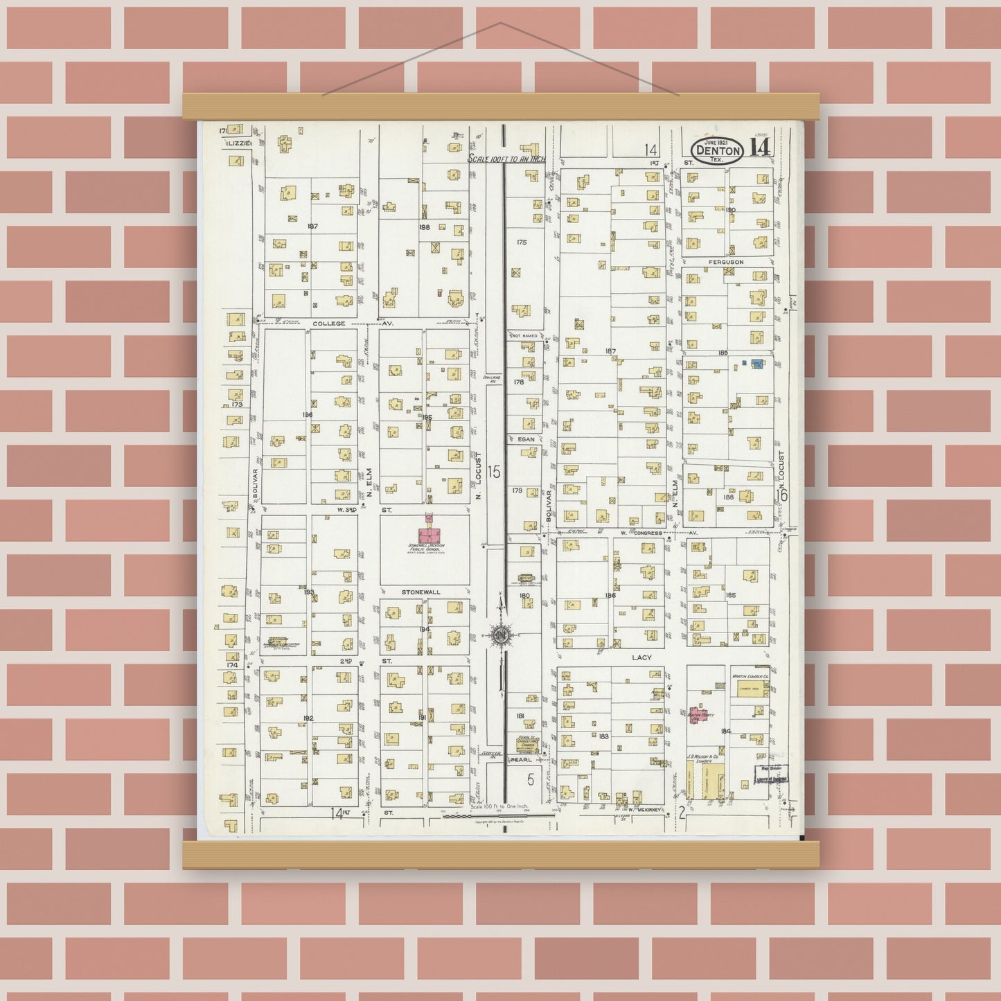 Old map wall art mockup — magnetic wood frame on brick wall — Sanborn Fire Insurance Map from Denton, Denton County, Texas (1921), Sheet #0014