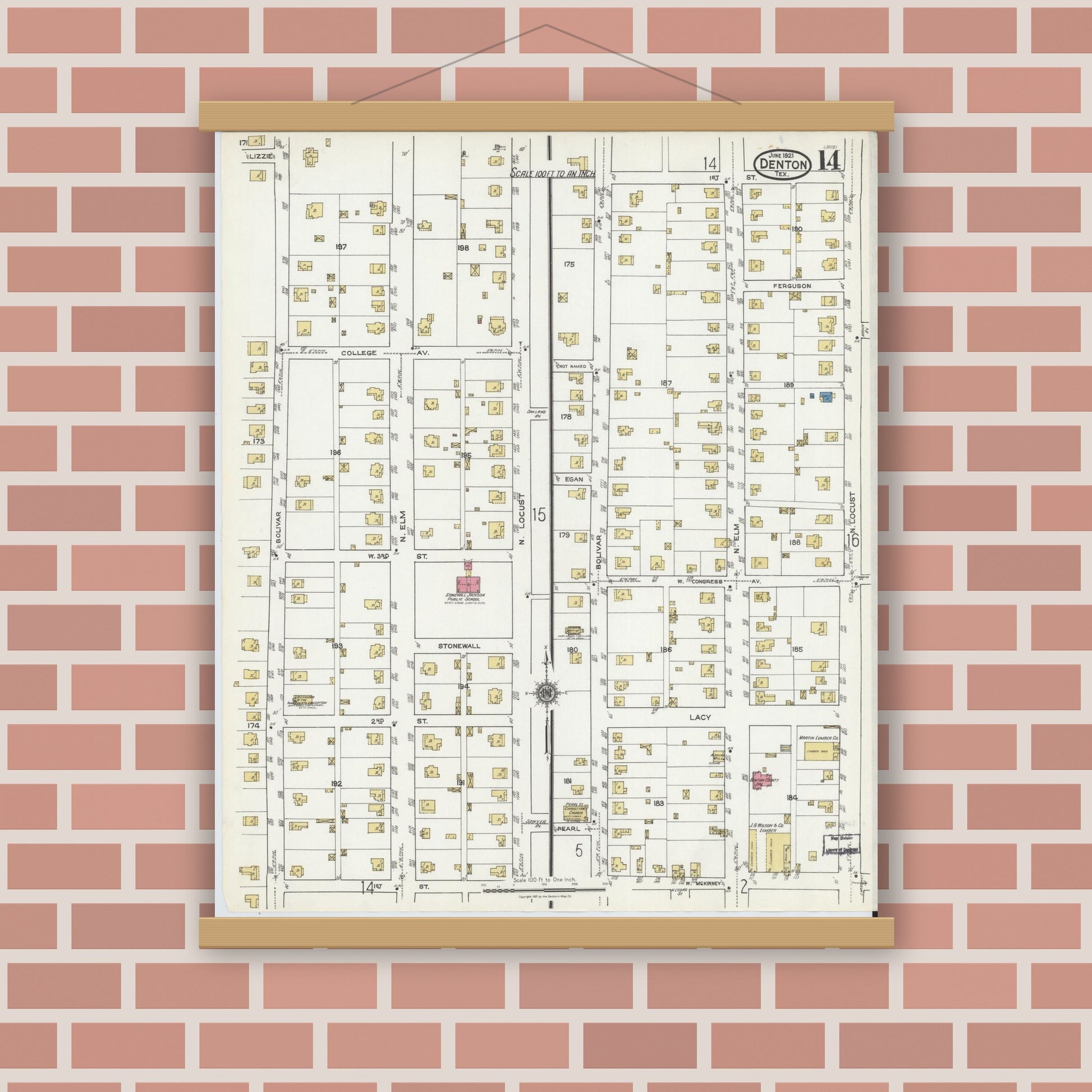 Old map wall art mockup — magnetic wood frame on brick wall — Sanborn Fire Insurance Map from Denton, Denton County, Texas (1921), Sheet #0014