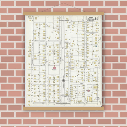 Old map wall art mockup — magnetic wood frame on brick wall — Sanborn Fire Insurance Map from Denton, Denton County, Texas (1921), Sheet #0014
