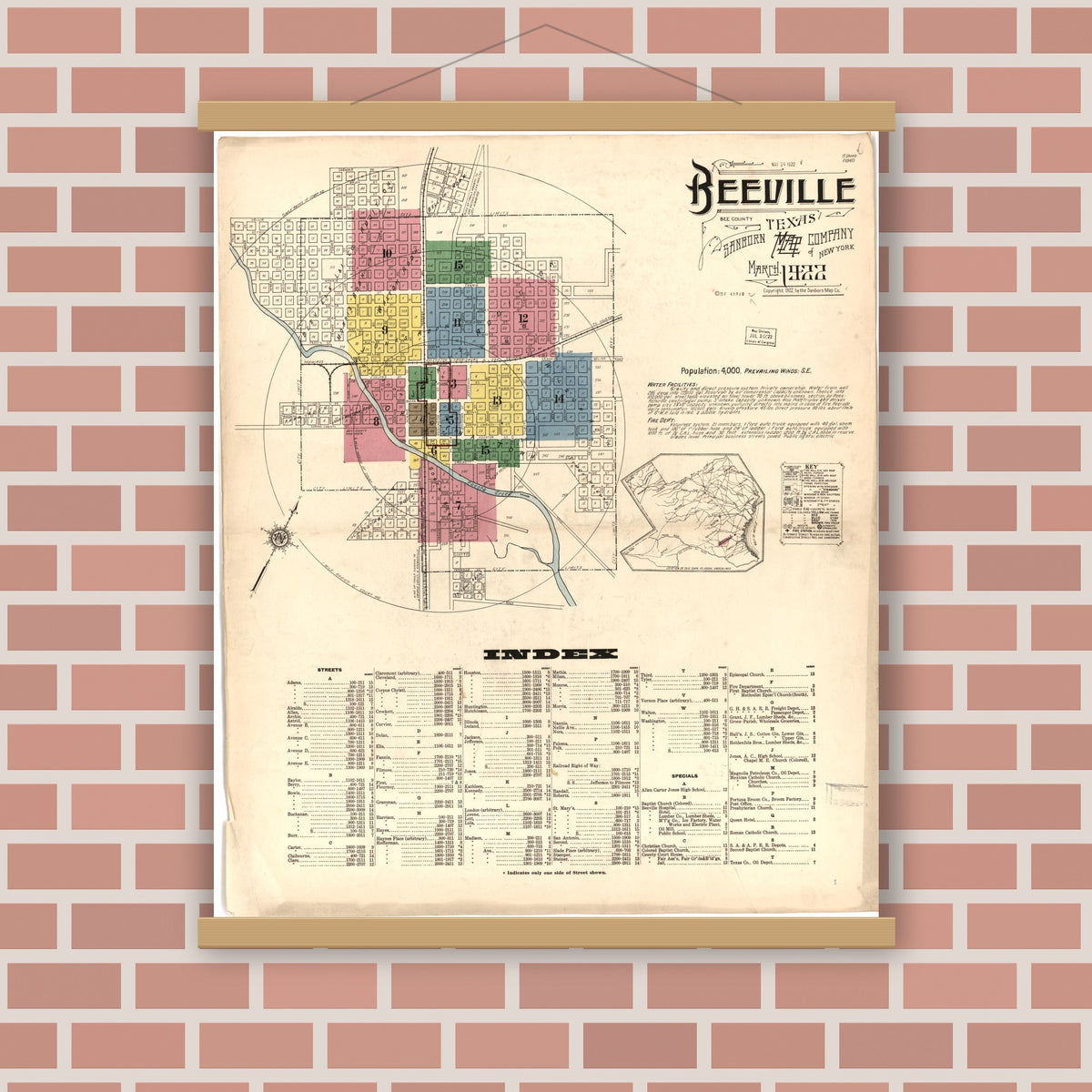 Old map wall art mockup — magnetic wood frame on brick wall — Sanborn Fire Insurance Map from Beeville, Bee County, Texas (1922), Sheet #0001