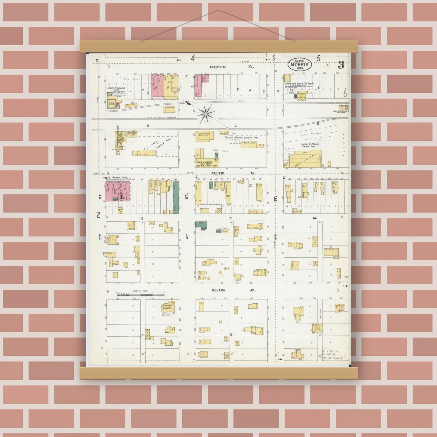 Old map wall art mockup — magnetic wood frame on brick wall — Sanborn Fire Insurance Map from Morris, Stevens County, Minnesota (1902), Sheet #0003