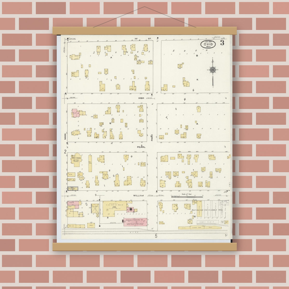 Old map wall art mockup — magnetic wood frame on brick wall — Sanborn Fire Insurance Map from Ovid, Clinton County, Michigan (1910), Sheet #0003