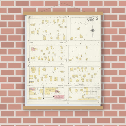 Old map wall art mockup — magnetic wood frame on brick wall — Sanborn Fire Insurance Map from Ovid, Clinton County, Michigan (1910), Sheet #0003
