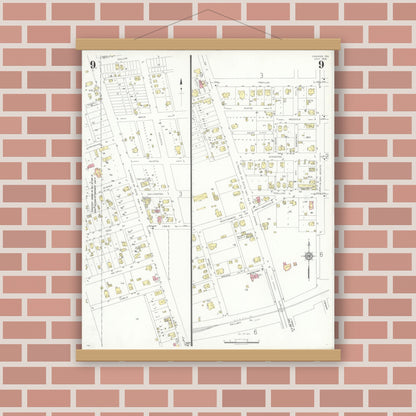 Old map wall art mockup — magnetic wood frame on brick wall — Sanborn Fire Insurance Map from Conroe, Montgomery County, Texas (1938), Sheet #0009