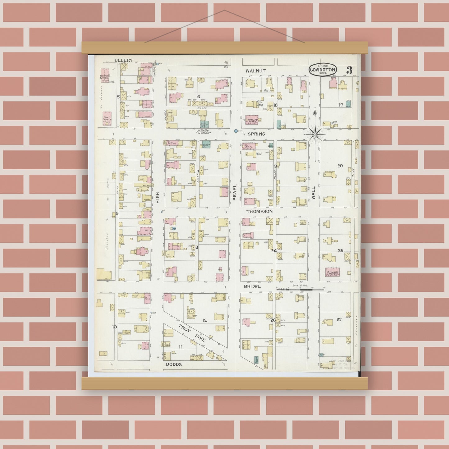 Old map wall art mockup — magnetic wood frame on brick wall — Sanborn Fire Insurance Map from Covington, Miami County, Ohio (1892), Sheet #0003