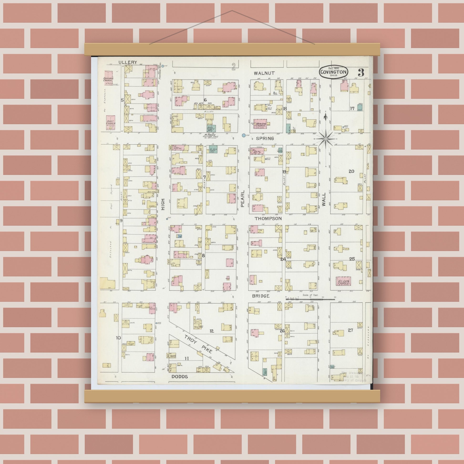 Old map wall art mockup — magnetic wood frame on brick wall — Sanborn Fire Insurance Map from Covington, Miami County, Ohio (1892), Sheet #0003