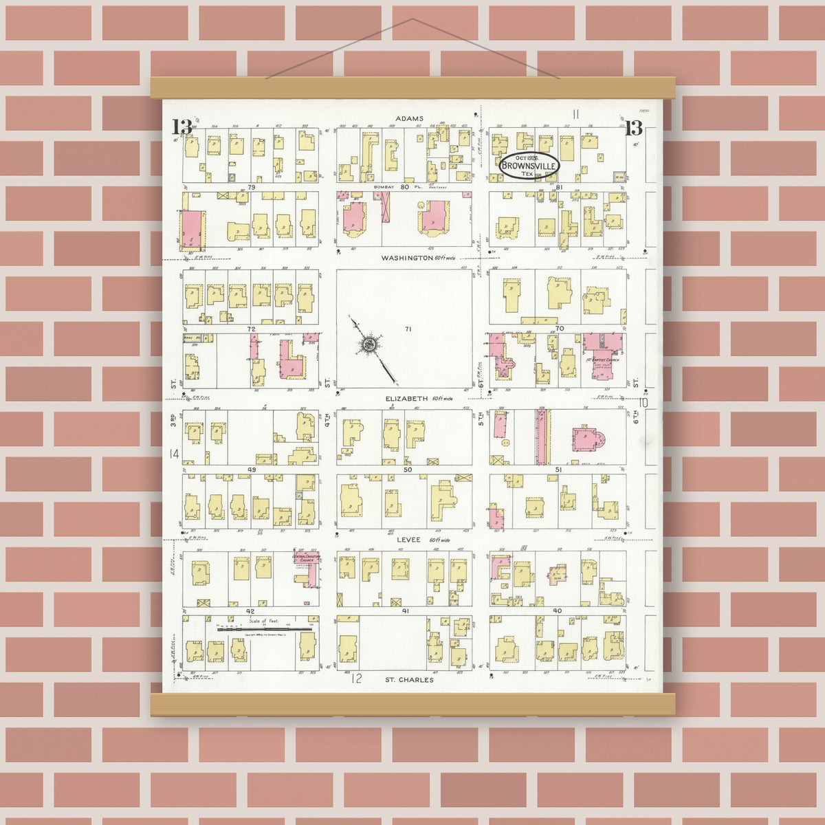 Old map wall art mockup — magnetic wood frame on brick wall — Sanborn Fire Insurance Map from Brownsville, Cameron County, Texas (1926), Sheet #0013