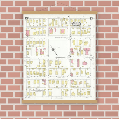 Old map wall art mockup — magnetic wood frame on brick wall — Sanborn Fire Insurance Map from Brownsville, Cameron County, Texas (1926), Sheet #0013