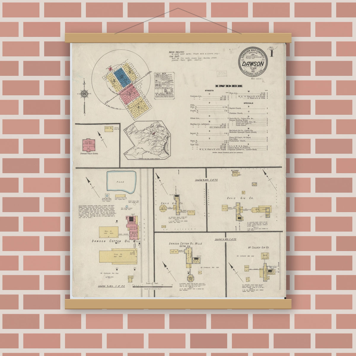 Old map wall art mockup — magnetic wood frame on brick wall — Sanborn Fire Insurance Map from Dawson, Navarro County, Texas (1921) - Complete Map Set
