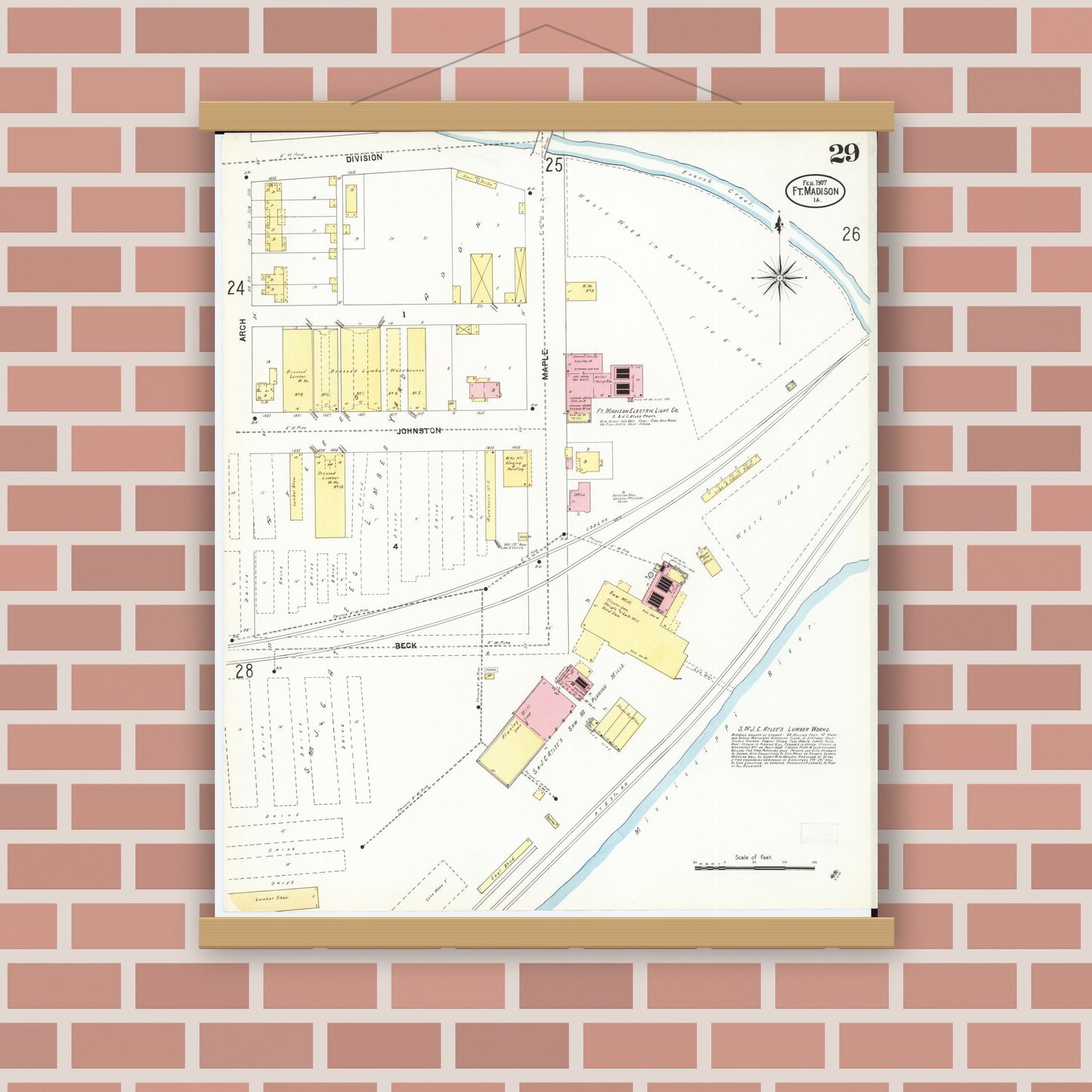 Old map wall art mockup — magnetic wood frame on brick wall — Sanborn Fire Insurance Map from Fort Madison, Lee County, Iowa (1907), Sheet #0029