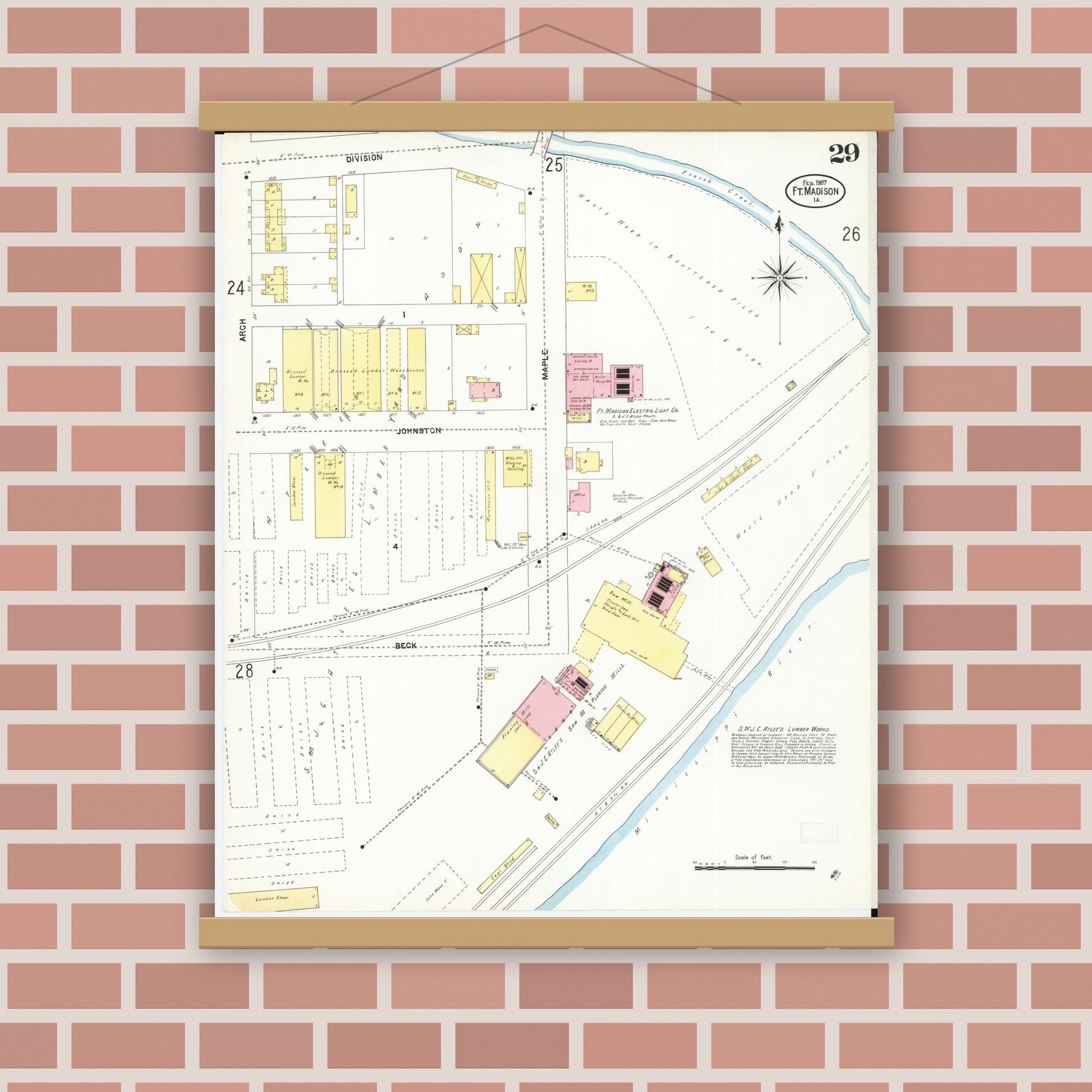 Old map wall art mockup — magnetic wood frame on brick wall — Sanborn Fire Insurance Map from Fort Madison, Lee County, Iowa (1907), Sheet #0029