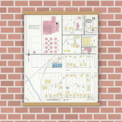 Old map wall art mockup — magnetic wood frame on brick wall — Sanborn Fire Insurance Map from Austin, Mower County, Minnesota (1917), Sheet #0013