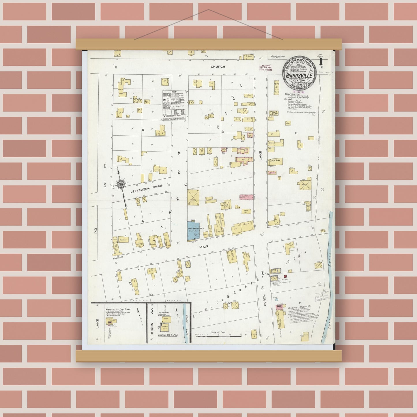 Old map wall art mockup — magnetic wood frame on brick wall — Sanborn Fire Insurance Map from Harrisville, Alcona County, Michigan (1910) - Complete Map Set