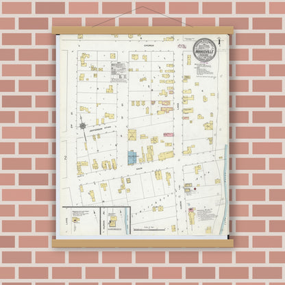 Old map wall art mockup — magnetic wood frame on brick wall — Sanborn Fire Insurance Map from Harrisville, Alcona County, Michigan (1910) - Complete Map Set