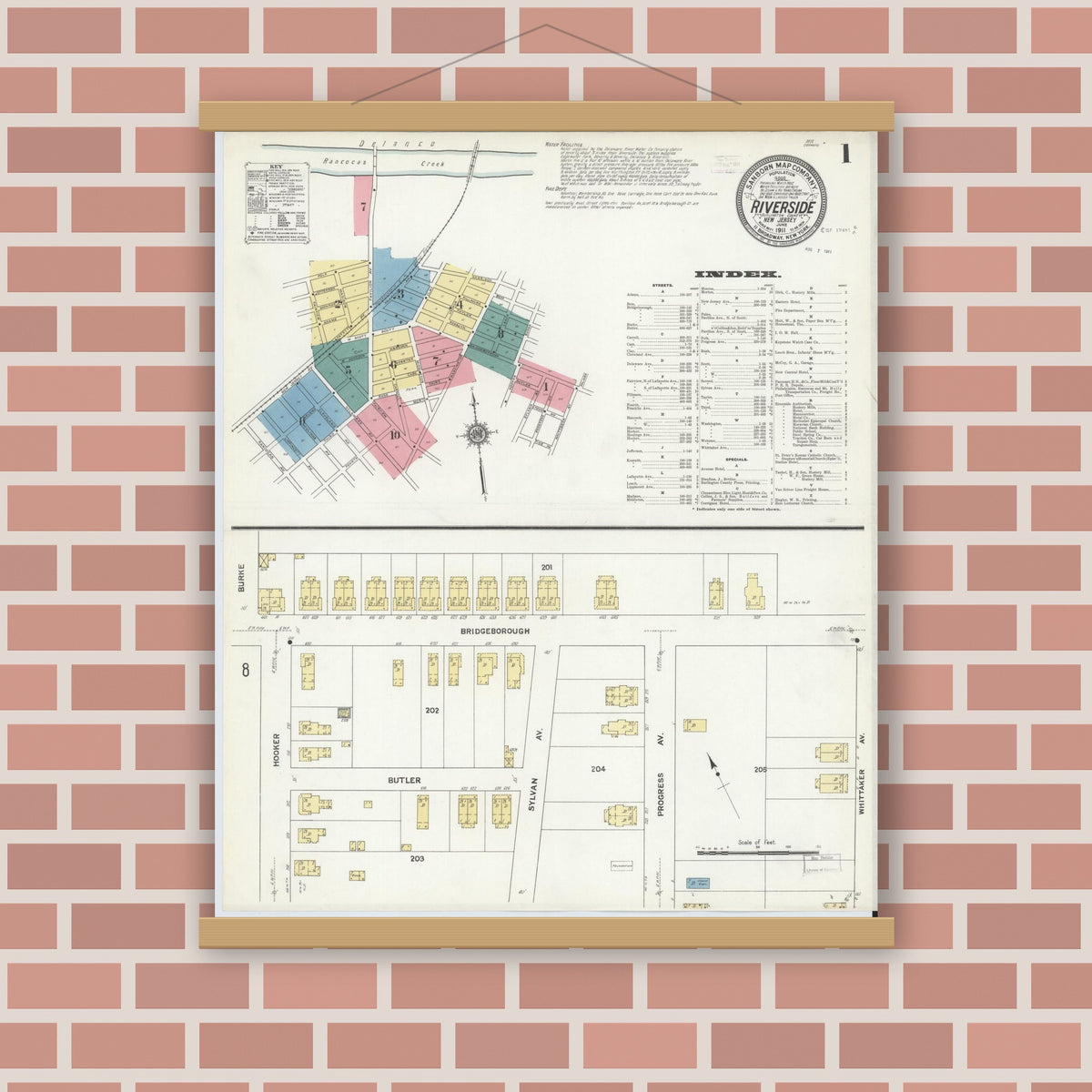 Old map wall art mockup — magnetic wood frame on brick wall — Sanborn Fire Insurance Map from Riverside, Burlington County, New Jersey (1911), Sheet #0001