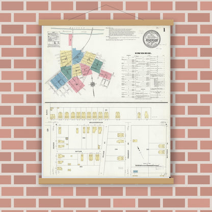Old map wall art mockup — magnetic wood frame on brick wall — Sanborn Fire Insurance Map from Riverside, Burlington County, New Jersey (1911), Sheet #0001